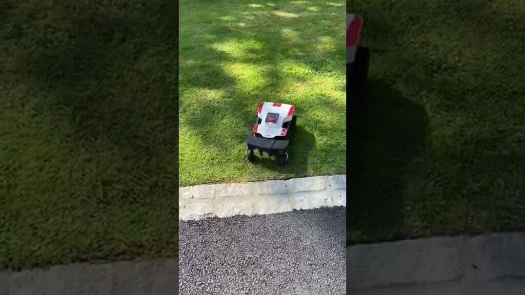 Ambrogio Twenty ZR mowing in garden showing grass detection and obstacle detection (hedge)